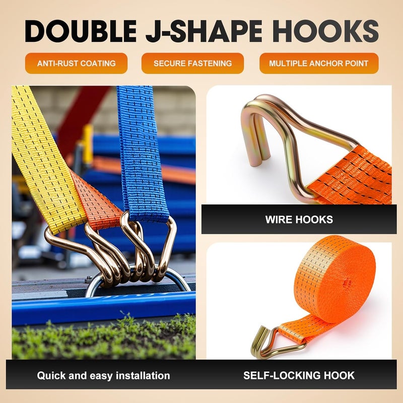 EVANCENT 2Pack Ratchet Straps Heavy Duty-2 Inch x 20 Feet(7,500lb Break Strength), Tie-Down Ratcheting with J-Hook Cargo Straps Tiedown Ratchet for Moving and Transports with Trailers, Pickup, Flatbed Trucks - Image 5